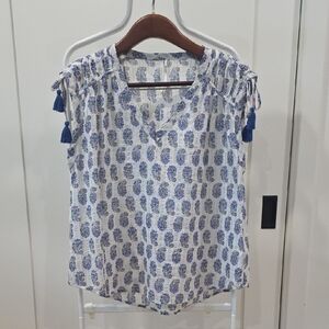 Anthropologie White Blouse with Blue Floral Design